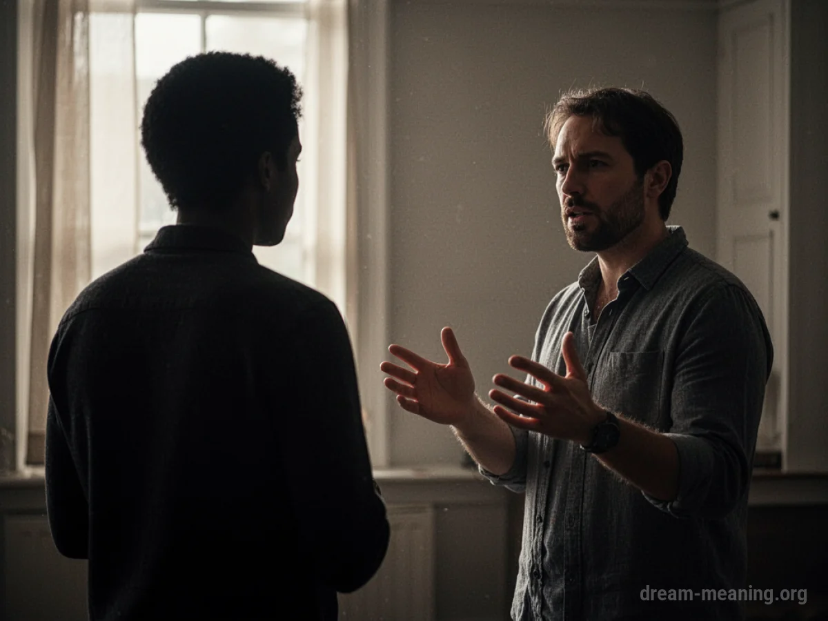 Two people standing apart, one gesturing towards the other.