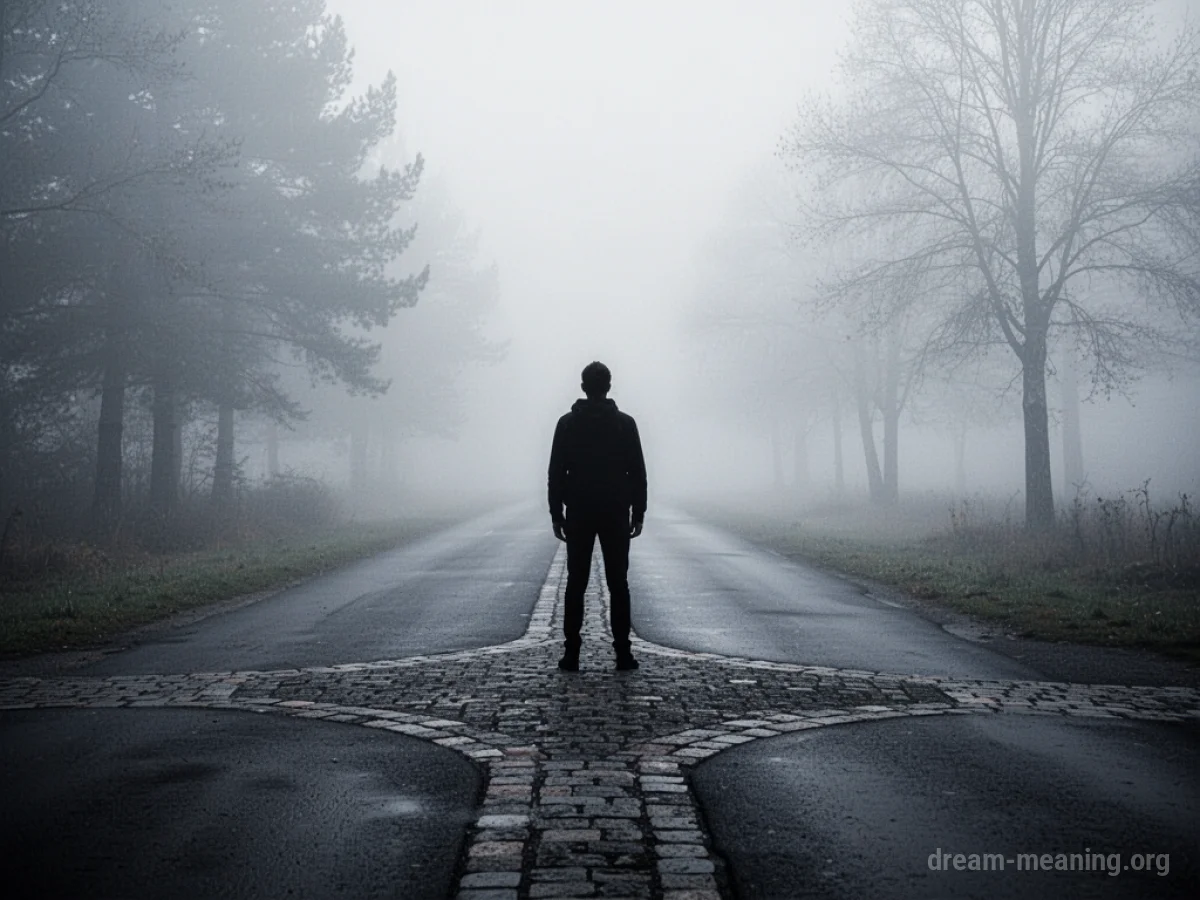 Silhouette of a person at a foggy crossroads.