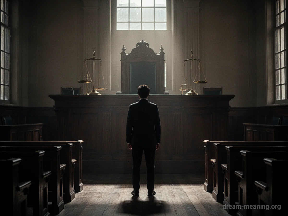 Silhouette of a person standing in a courtroom before a judge's bench.