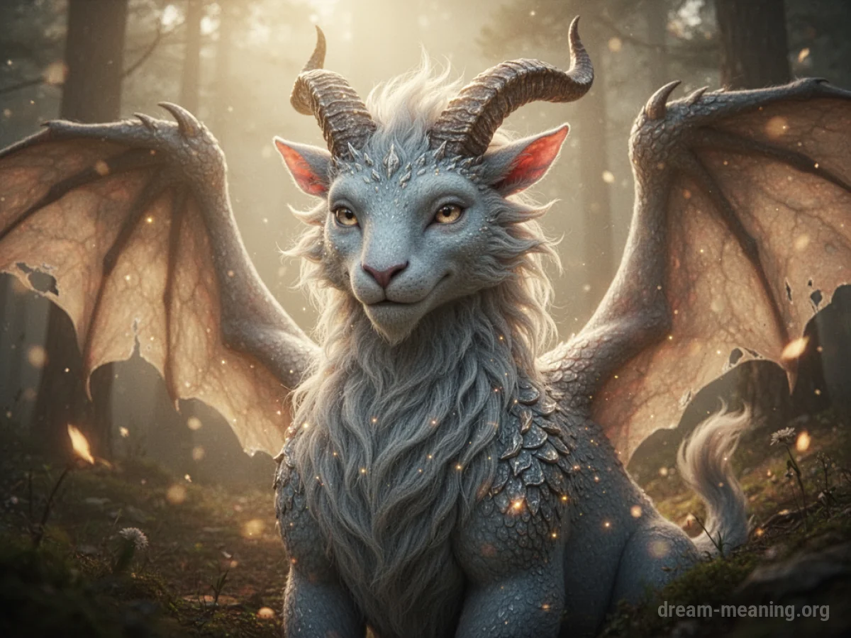 A chimera with multiple animal heads and a calm demeanor.