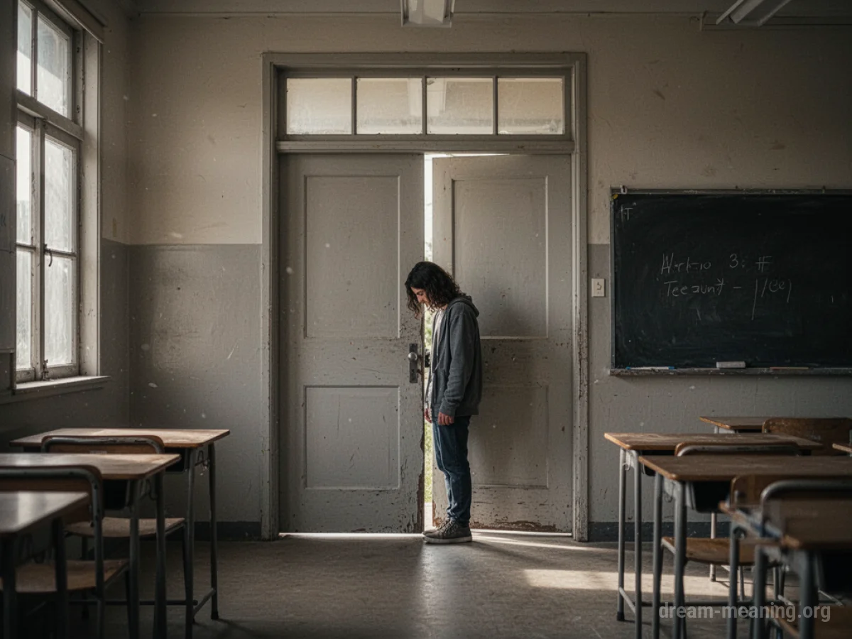 A person standing outside a closed classroom door.