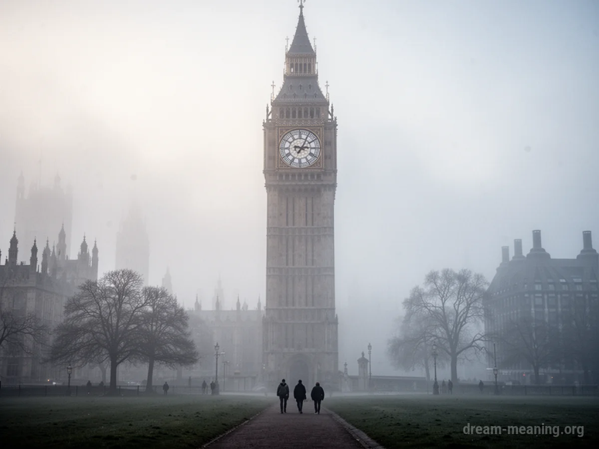 A massive clock tower partially obscured by fog with small people walking below.