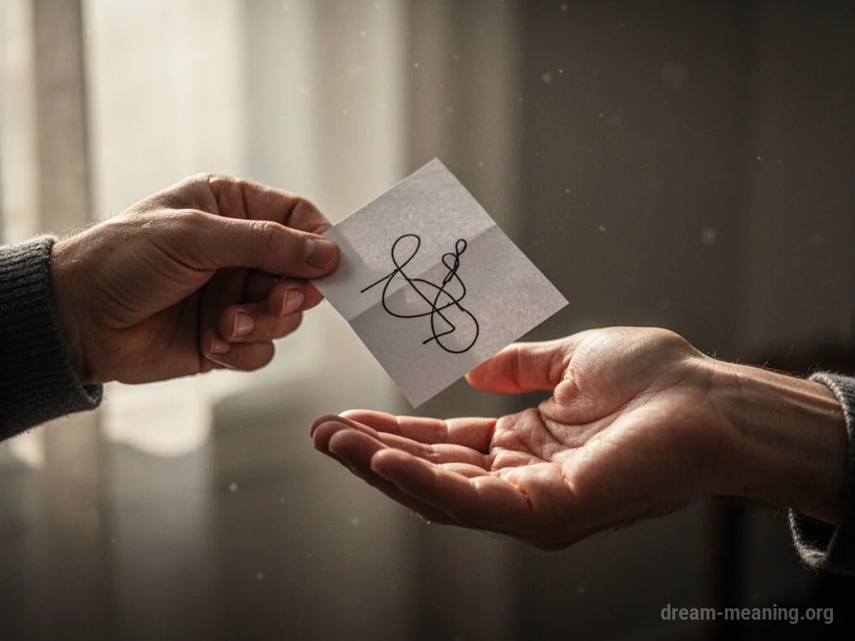 A hand offering a folded card to another open hand.
