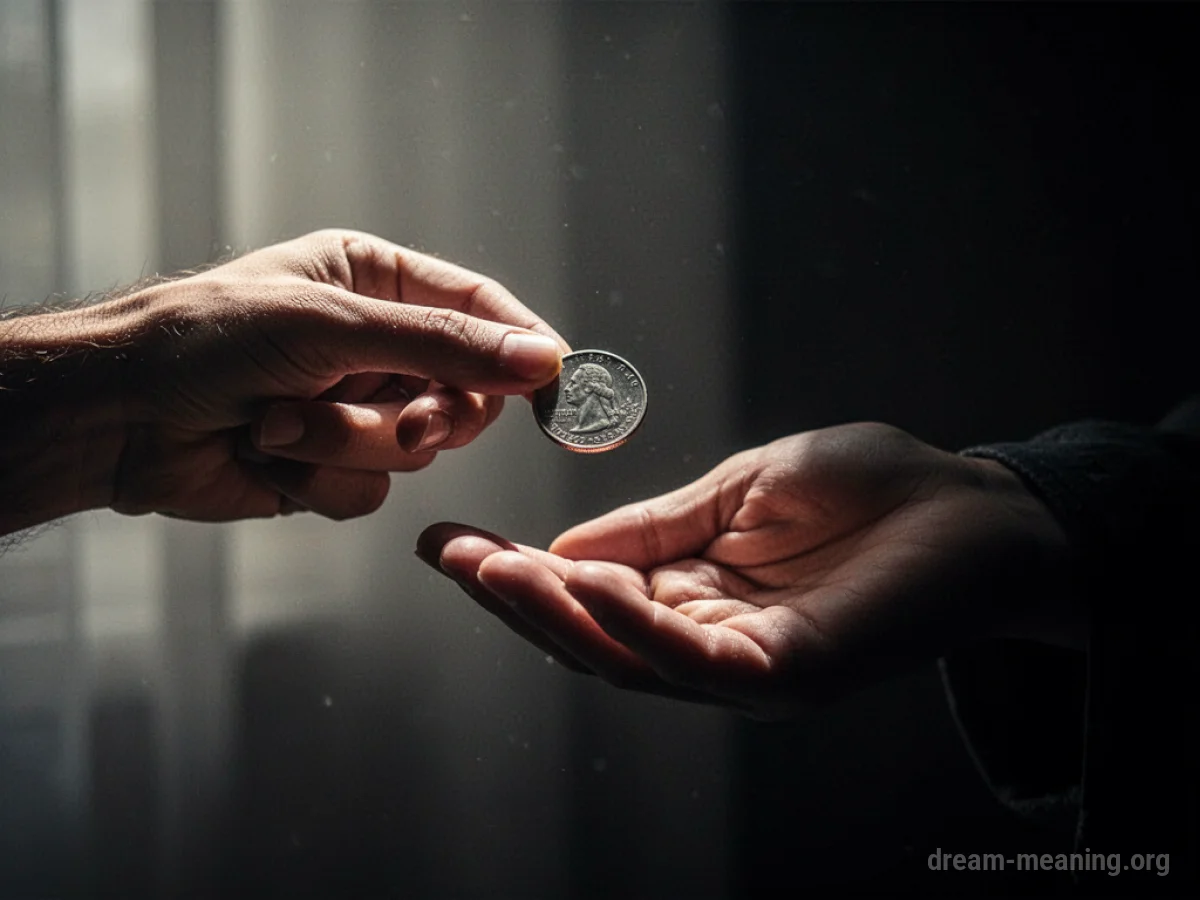 A hand offers a coin to another hand.