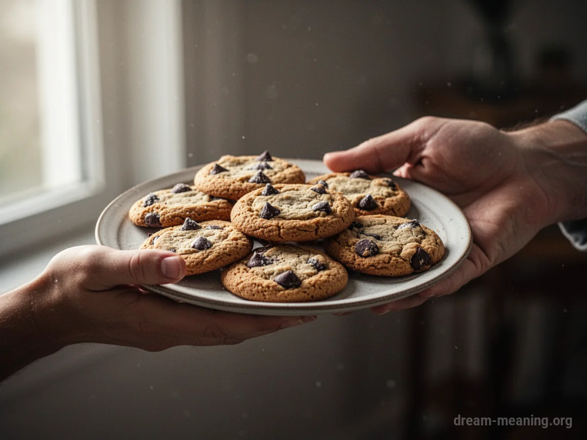 A hand extends a plate of cookies towards another hand.