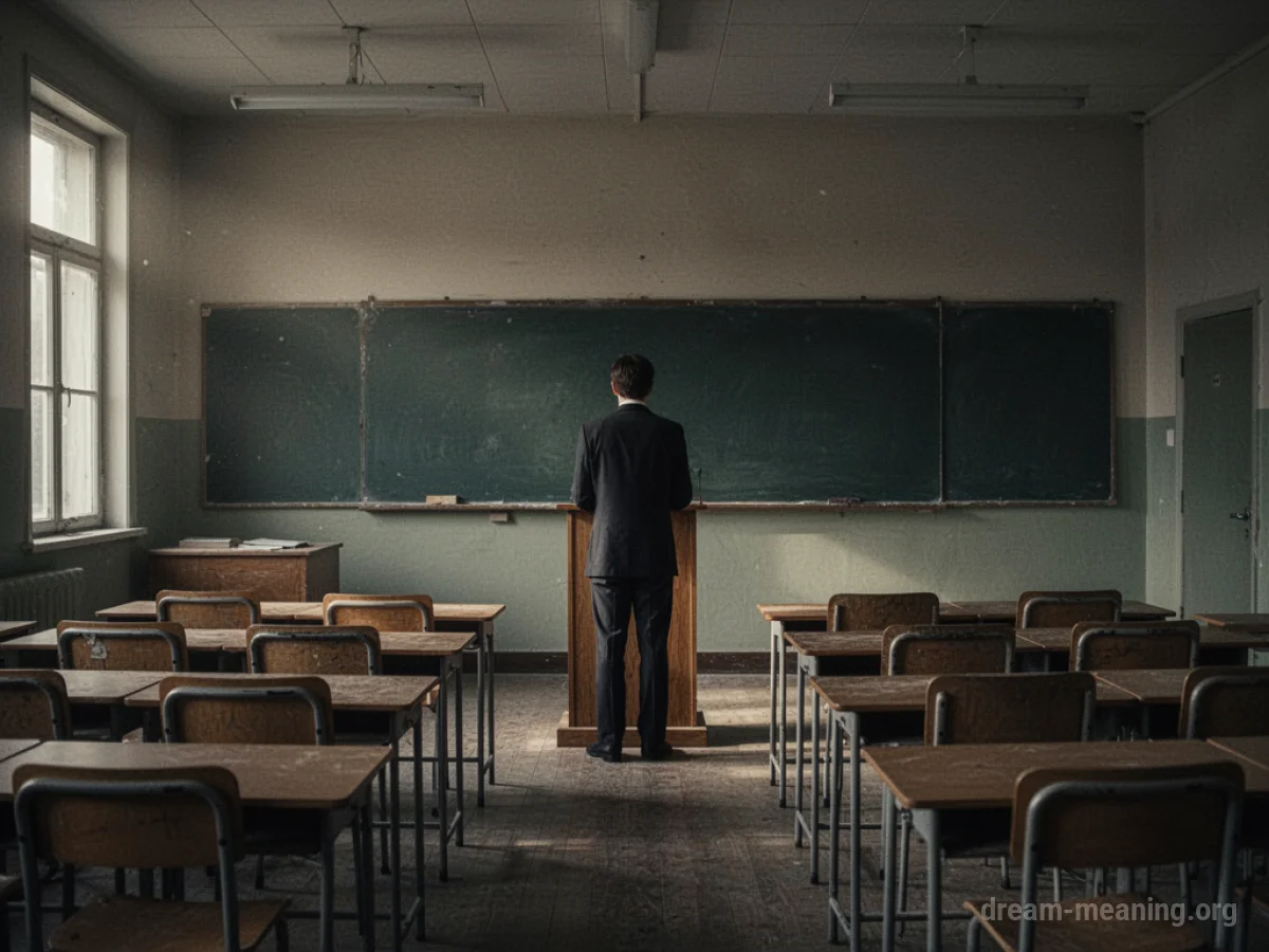 A single person stands at a podium in an empty classroom.