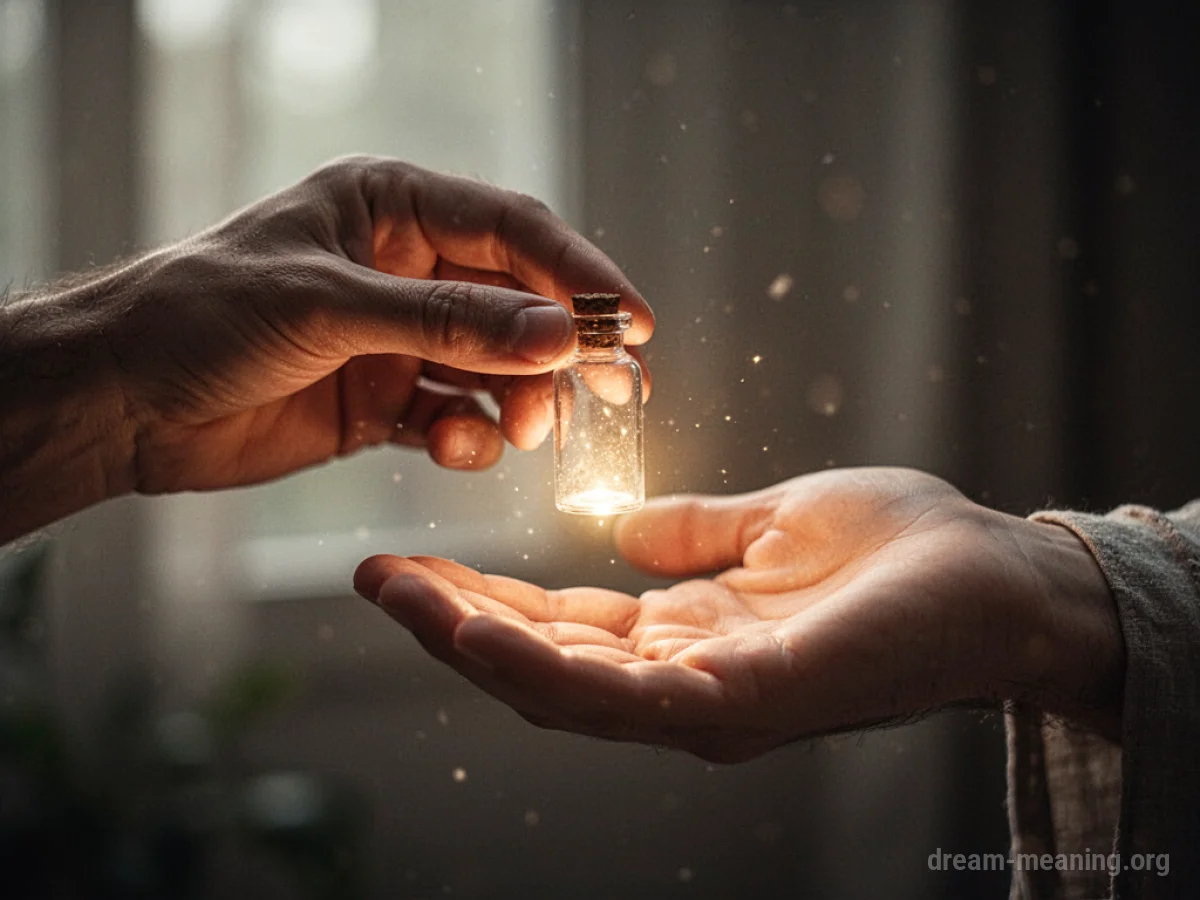 Two hands reaching towards each other, one offering a luminous vial.