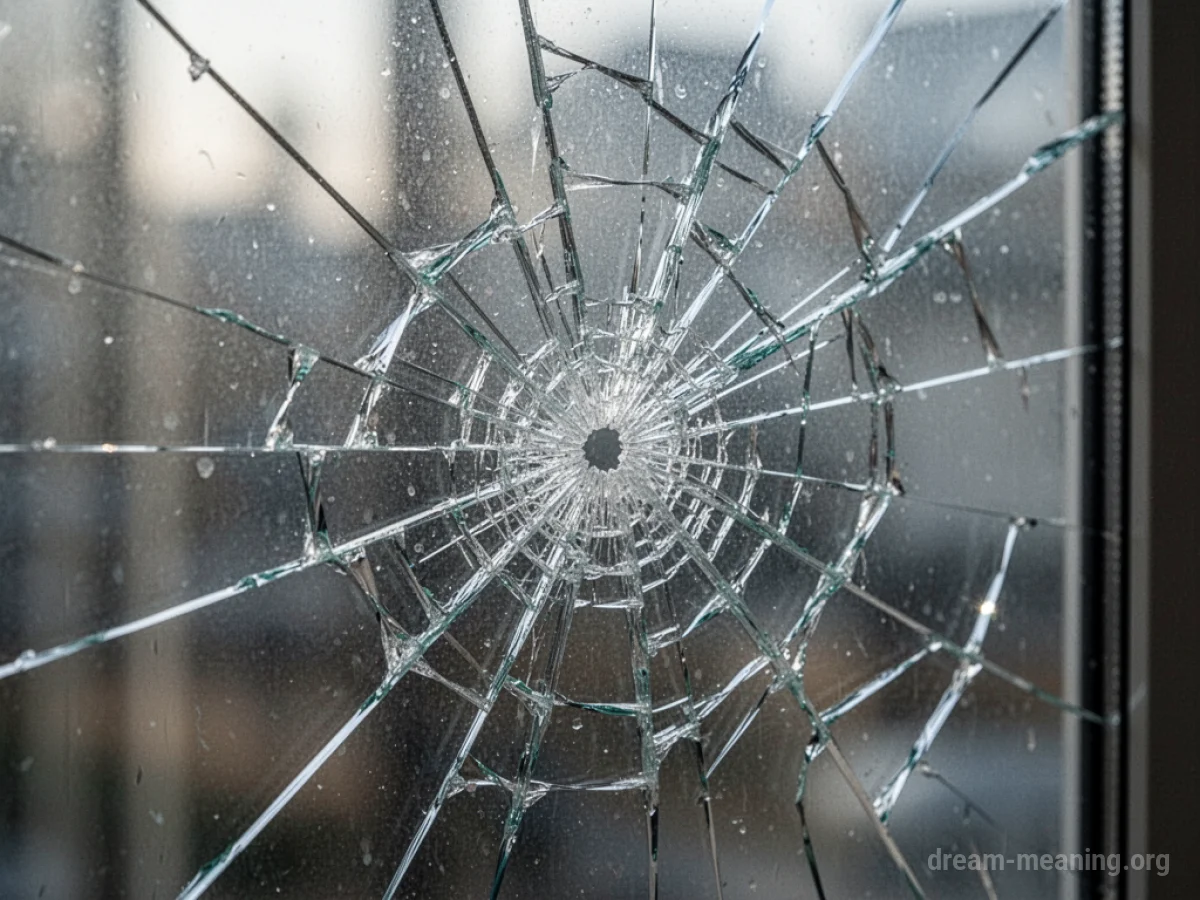 A pane of clear glass with a distinct spiderweb crack.