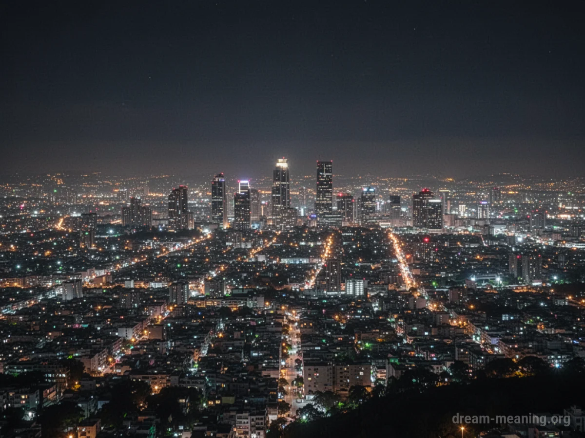 A vast cityscape viewed from afar, its buildings aglow with numerous lights.
