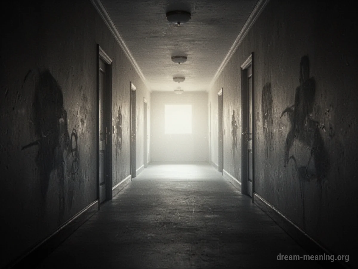 A long, narrow corridor illuminated by a soft light at its distant end.