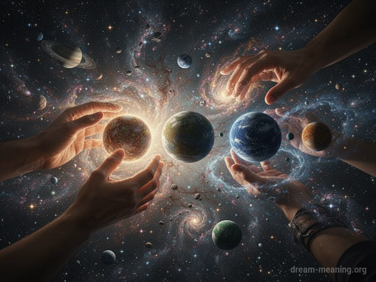Hands shaping stars and planets in a cosmic void.