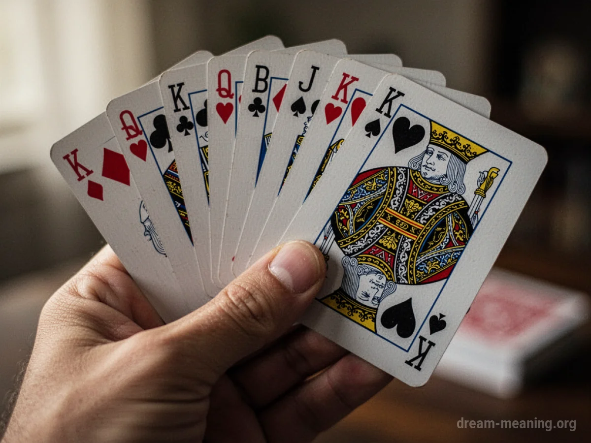 A hand holding a winning set of playing cards.