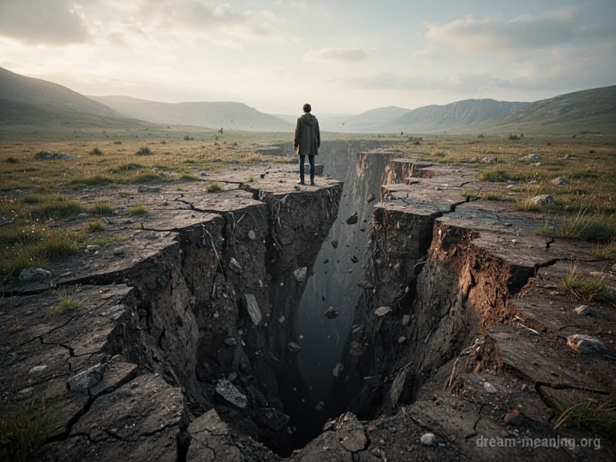 A chasm opening in the earth with cracked ground visible.