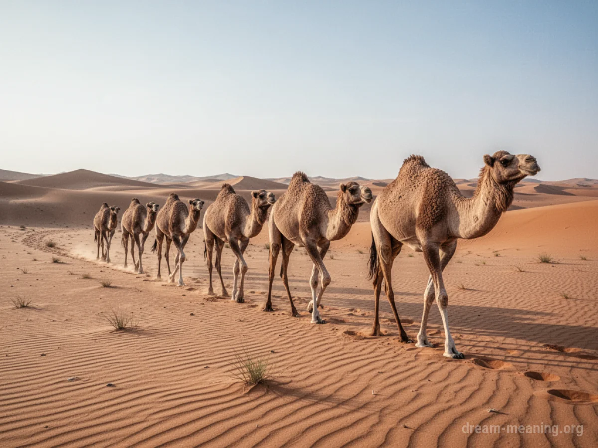 Several camels walking in single file across a desert.