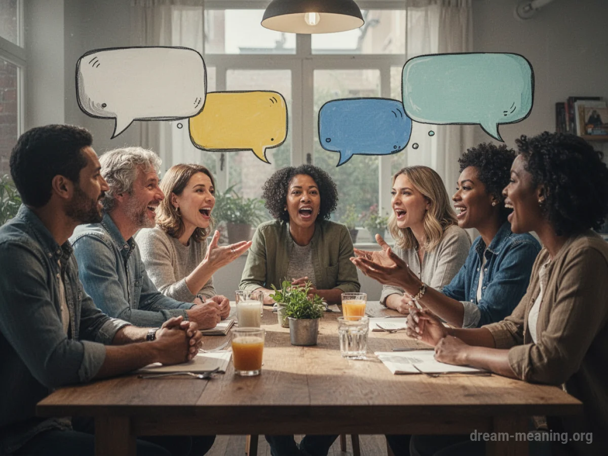 Silhouettes of people sitting around a table with speech bubbles.