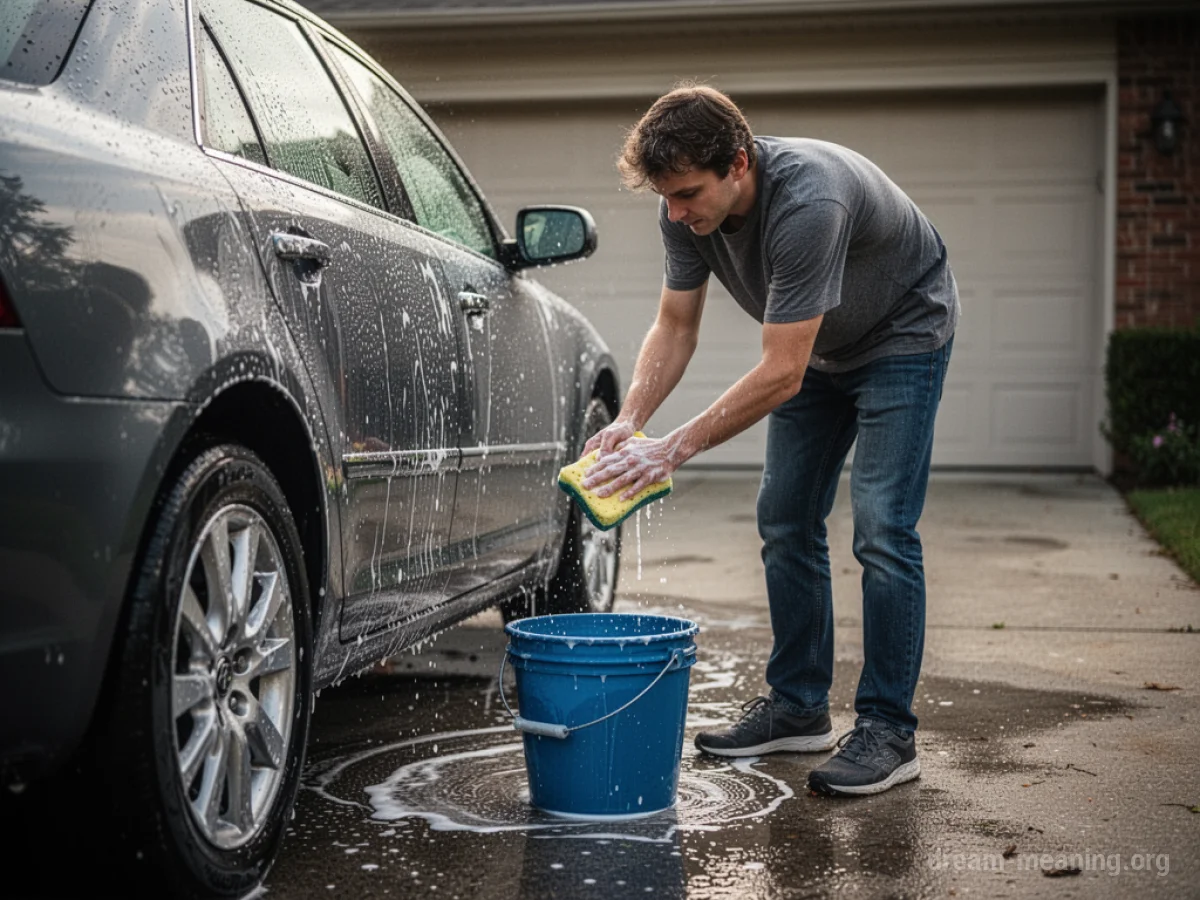A person washing a car with a sponge.