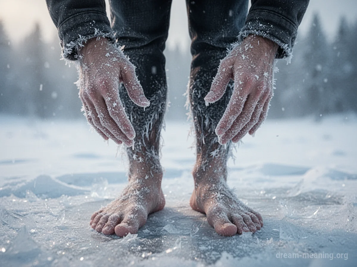 Close-up of frost-covered hands and feet.