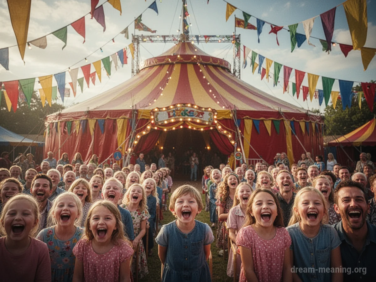 A vibrant circus tent under a starry night sky.