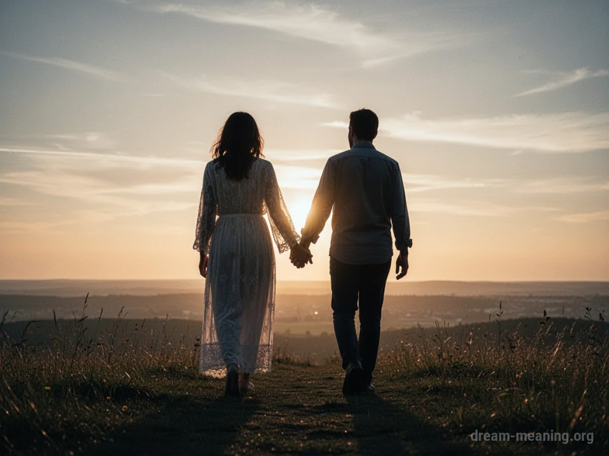 Silhouetted couple holding hands walking towards a bright horizon.