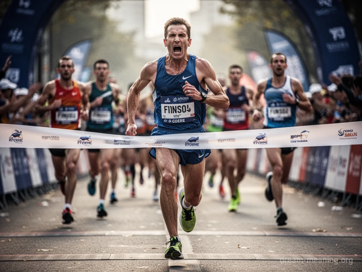 A lone runner reaching for a finish line with other runners far behind.