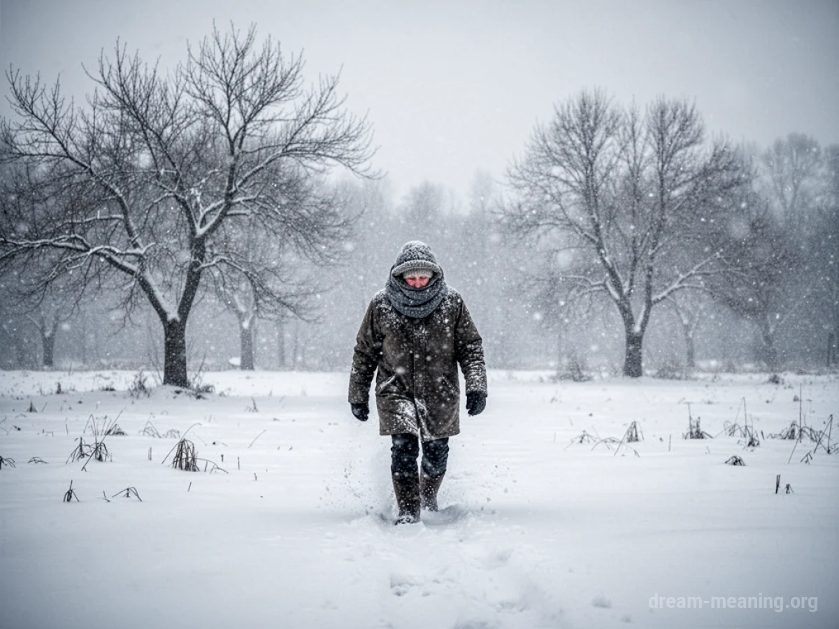 A person walking through deep snow with wind blowing.