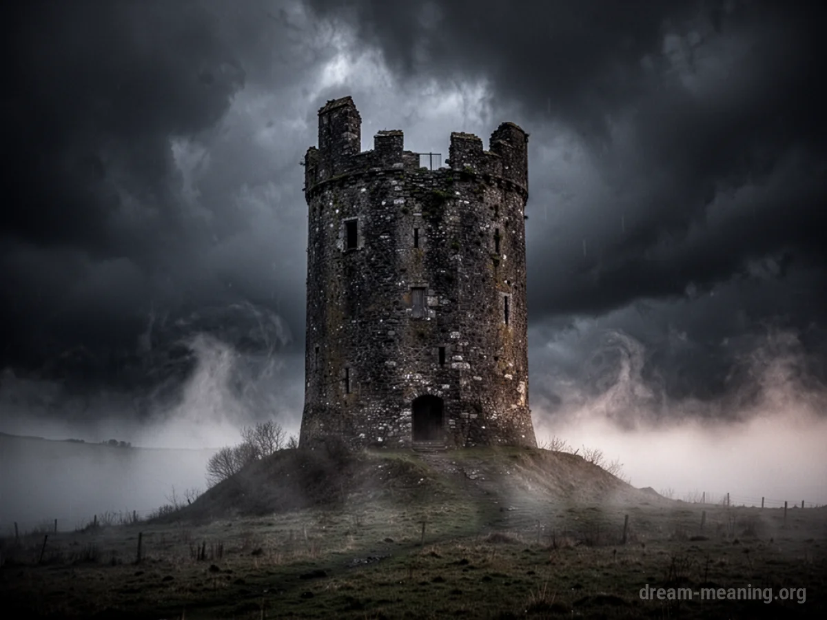 A dark, isolated castle tower under a stormy sky with fog.