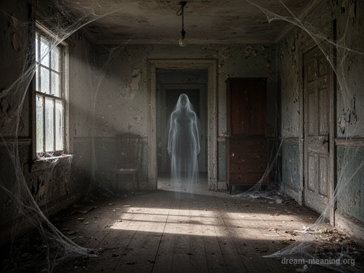 An old, dark house interior with cobwebs and shadows.