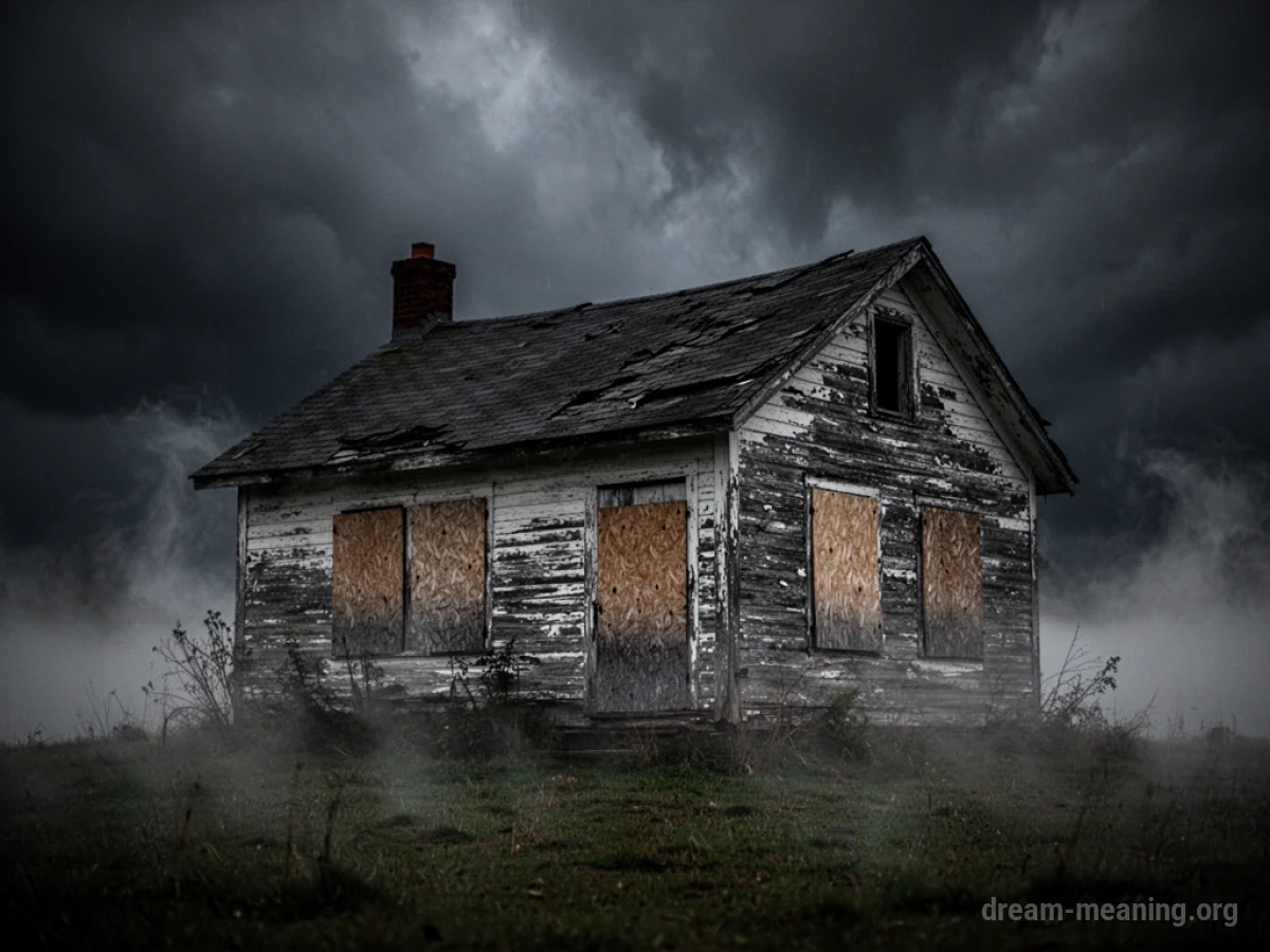 Dilapidated cottage in silhouette against a stormy sky with fog.