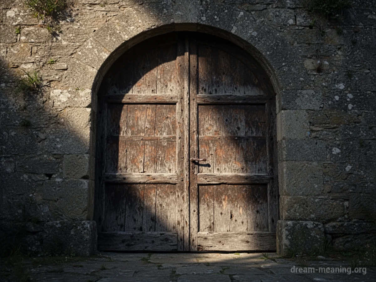 A large, imposing, closed wooden door.