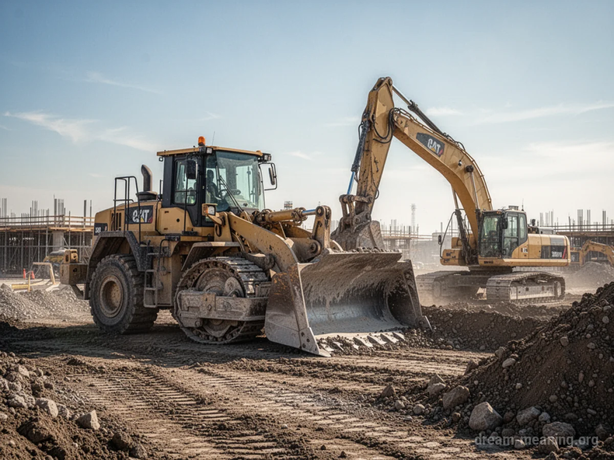 A bulldozer and excavator operating on a dirt construction site.