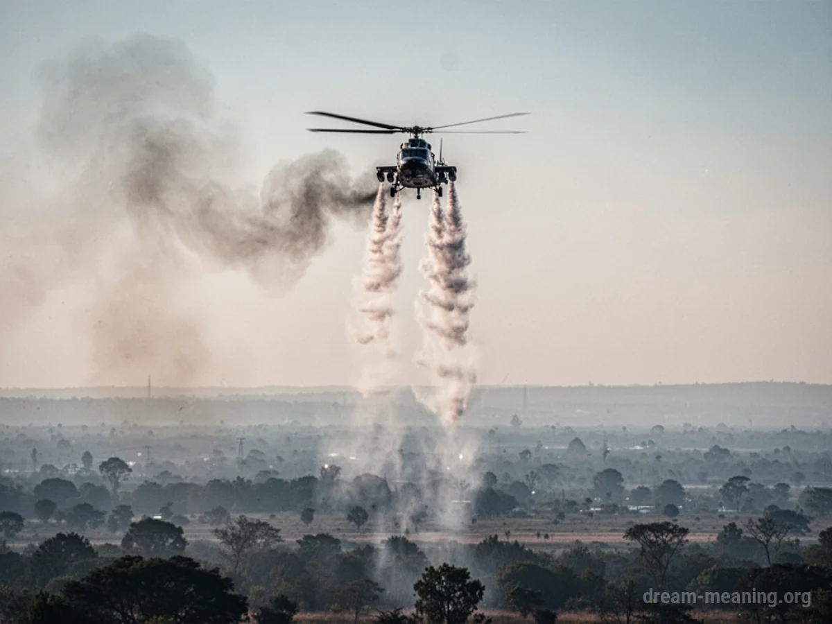 A helicopter with smoke coming from its rotors against a cloudy sky.