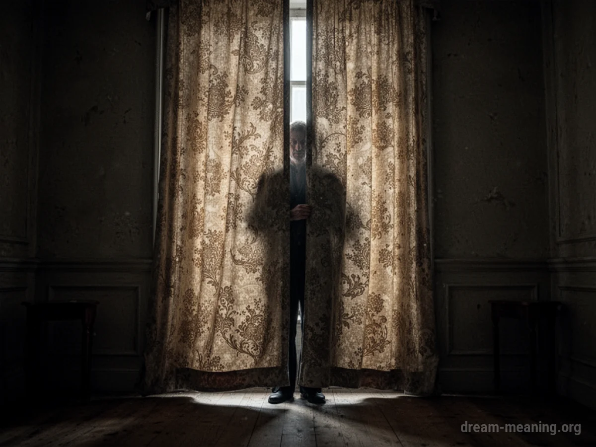 A person's silhouette is partially obscured by a heavy fabric curtain.