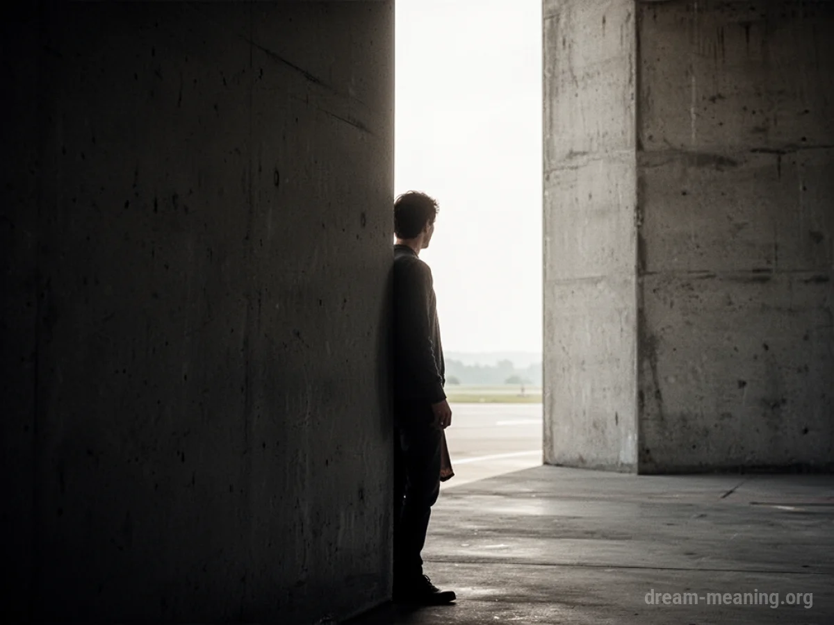 Silhouette of a person peeking from behind a wall.