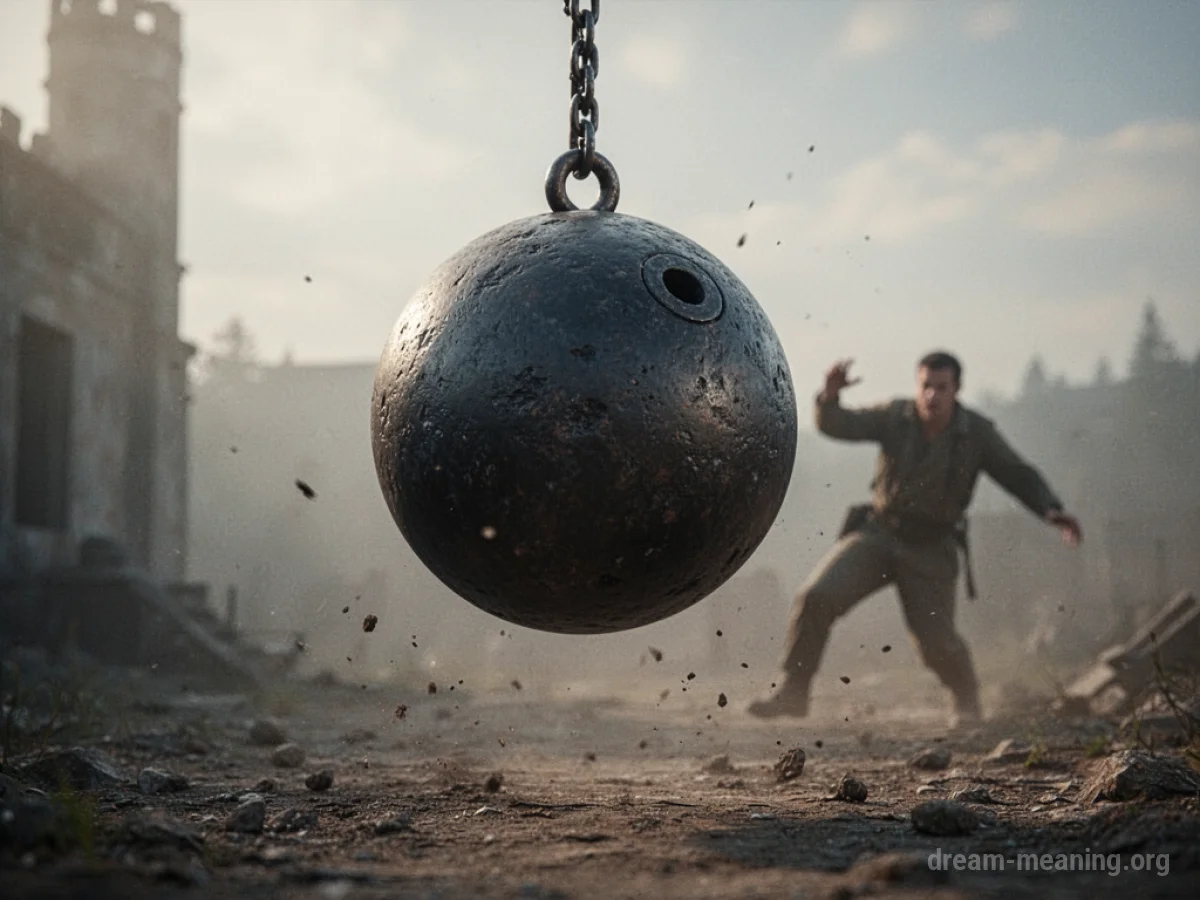 A large cannonball hovering above a distant, recoiling figure.