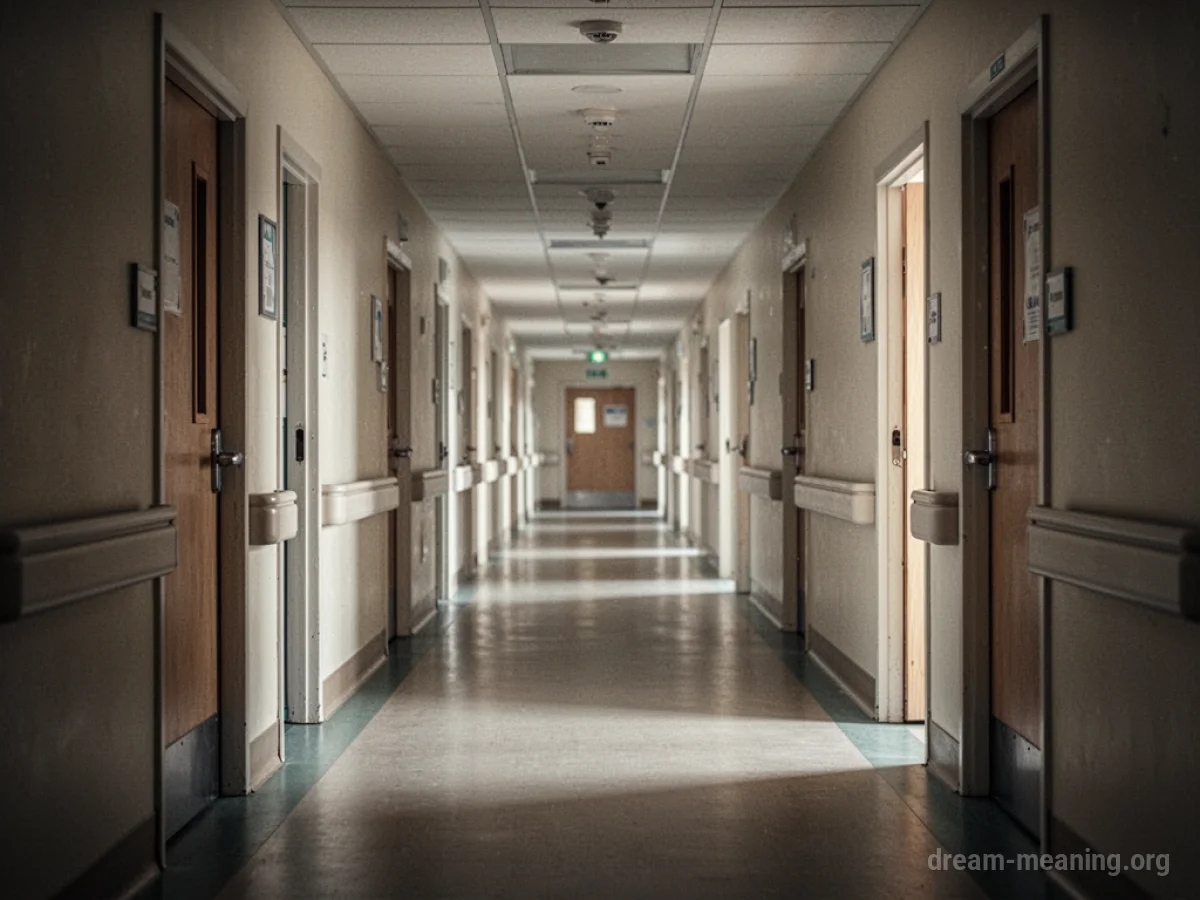 An empty, long hospital corridor extending into the distance with closed doors on one side.