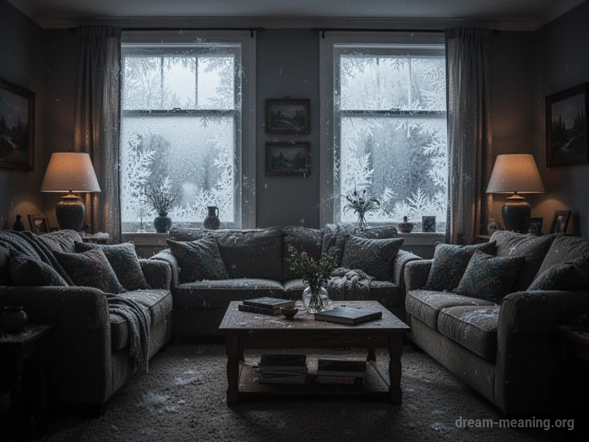 Interior of a living room with frost on the windows and furniture covered in a thin layer of ice.