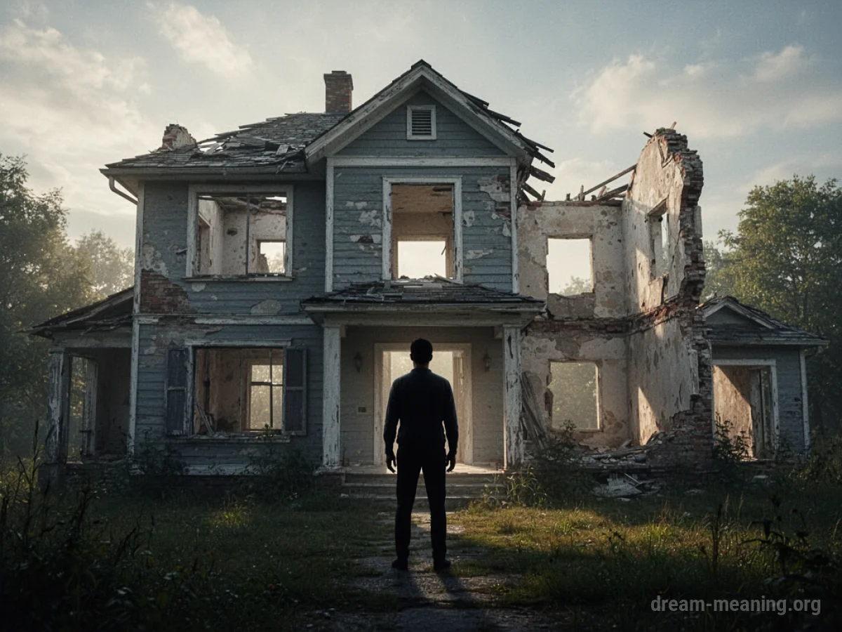 A person looking at a house with unusual architectural changes.
