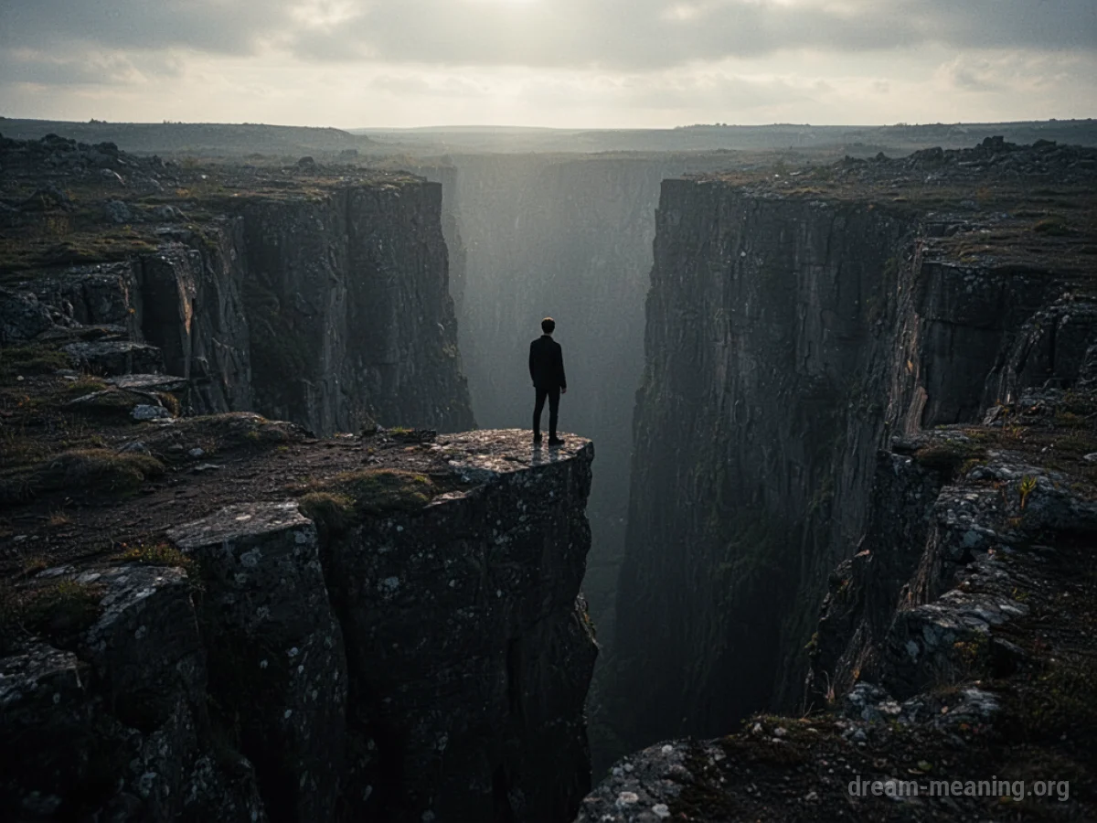 Silhouette figure at the edge of a dark chasm.