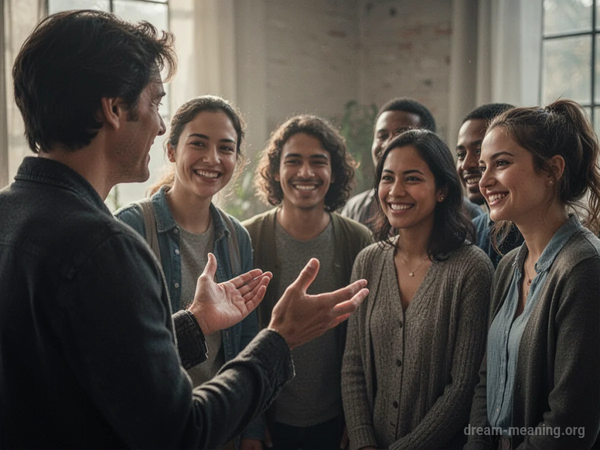 A person gesturing to a group of smiling people.
