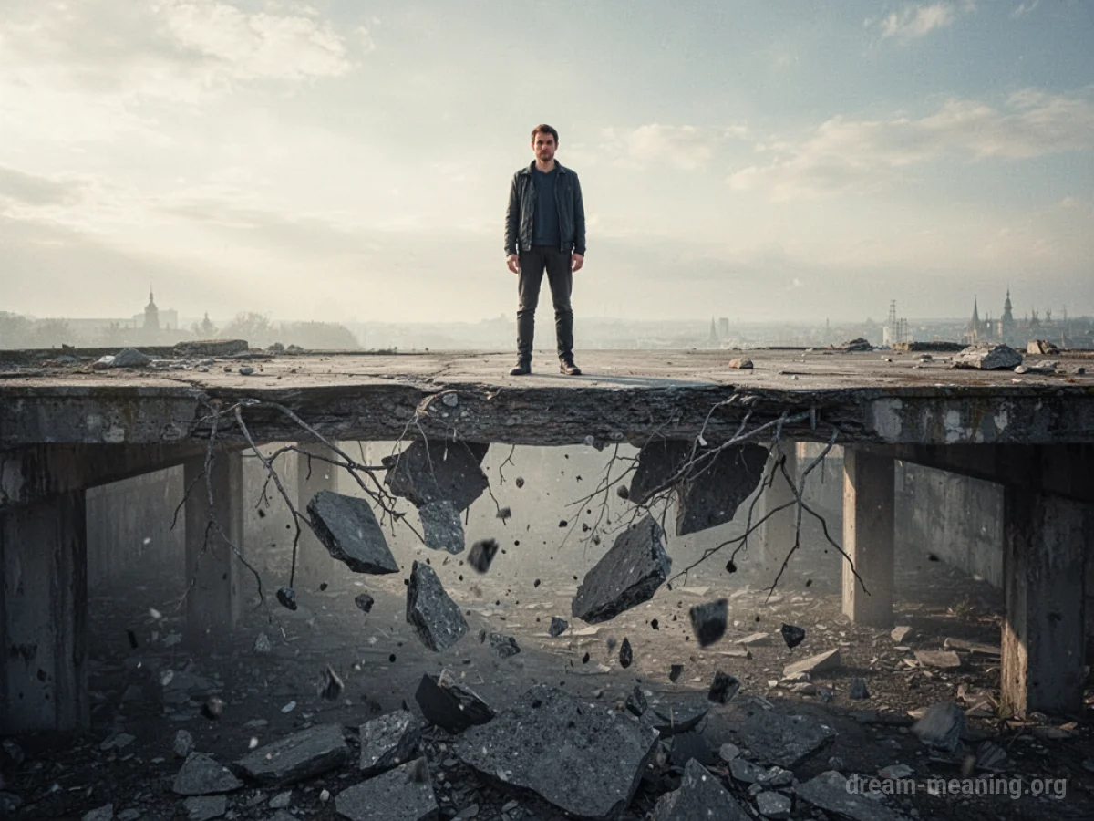 A person standing on a disintegrating platform.