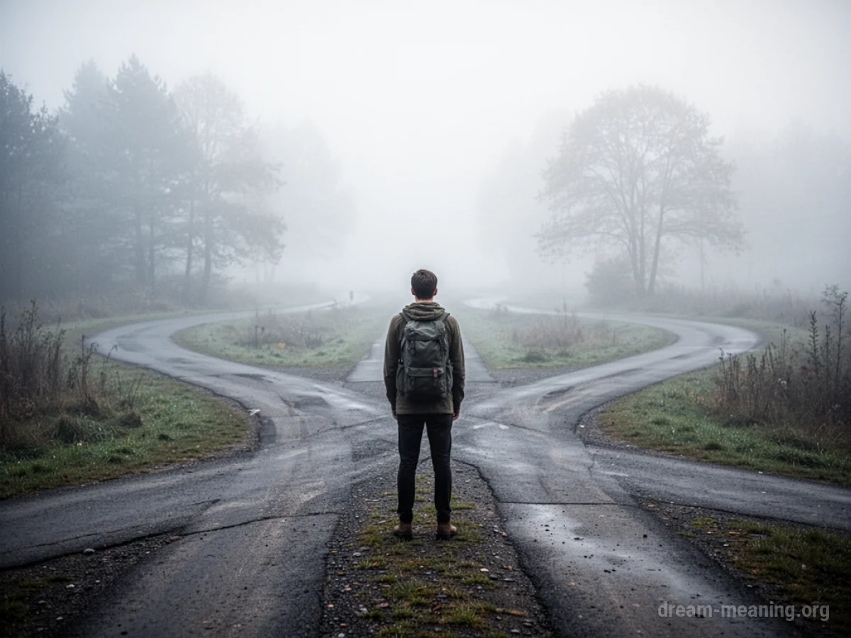 A person at a foggy crossroads with many paths.