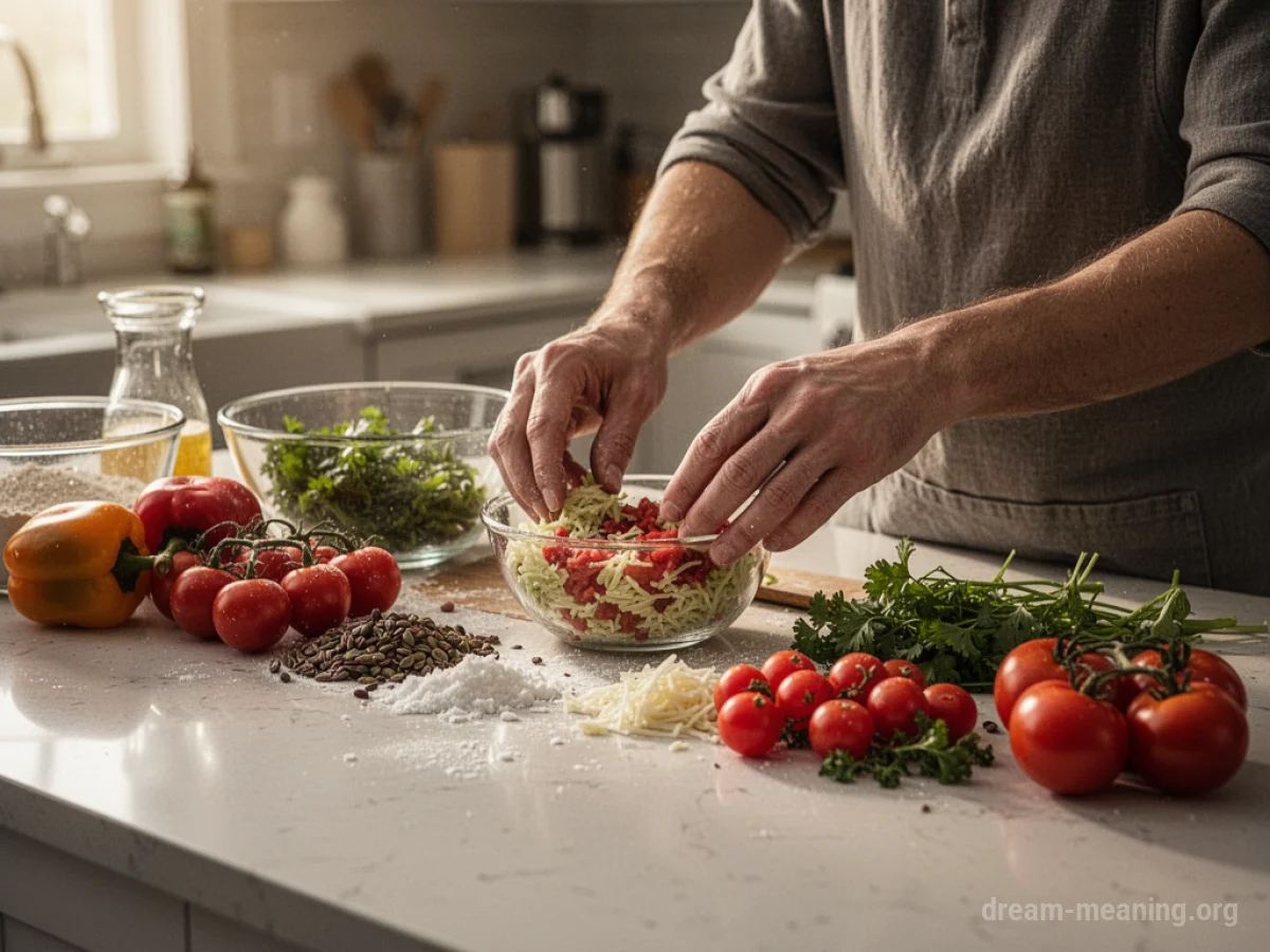 Hands preparing food on a kitchen counter.