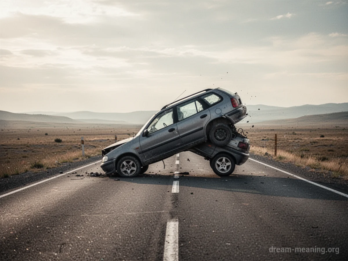 A car tilted on its side on a road.