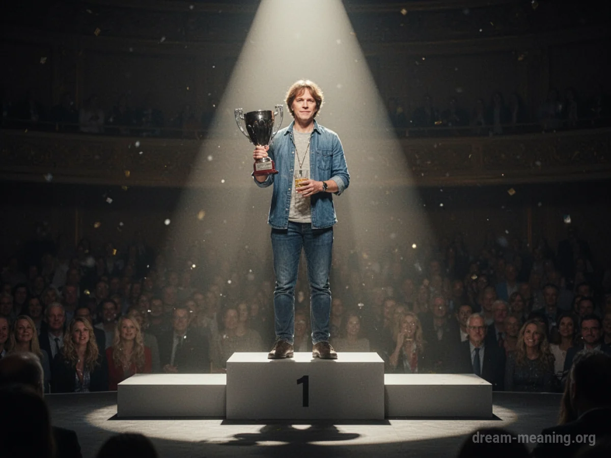 A person standing on a winner's podium.