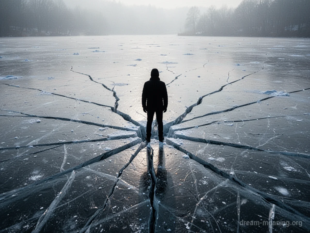 Silhouette of a person standing on cracked ice.