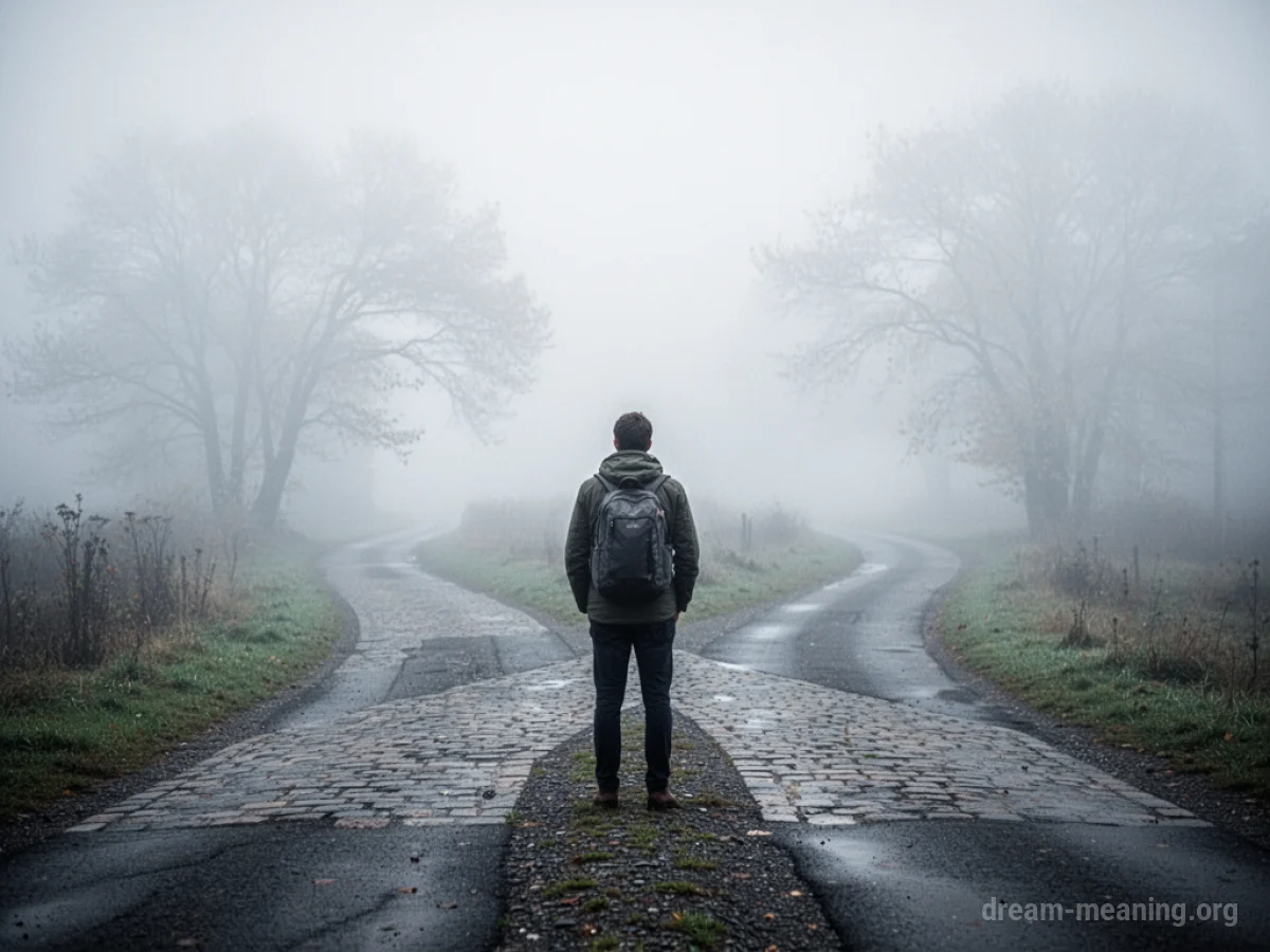 A person at a foggy crossroads with two paths.