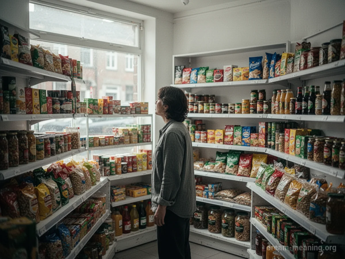 A person inside a corner shop looking at shelves.