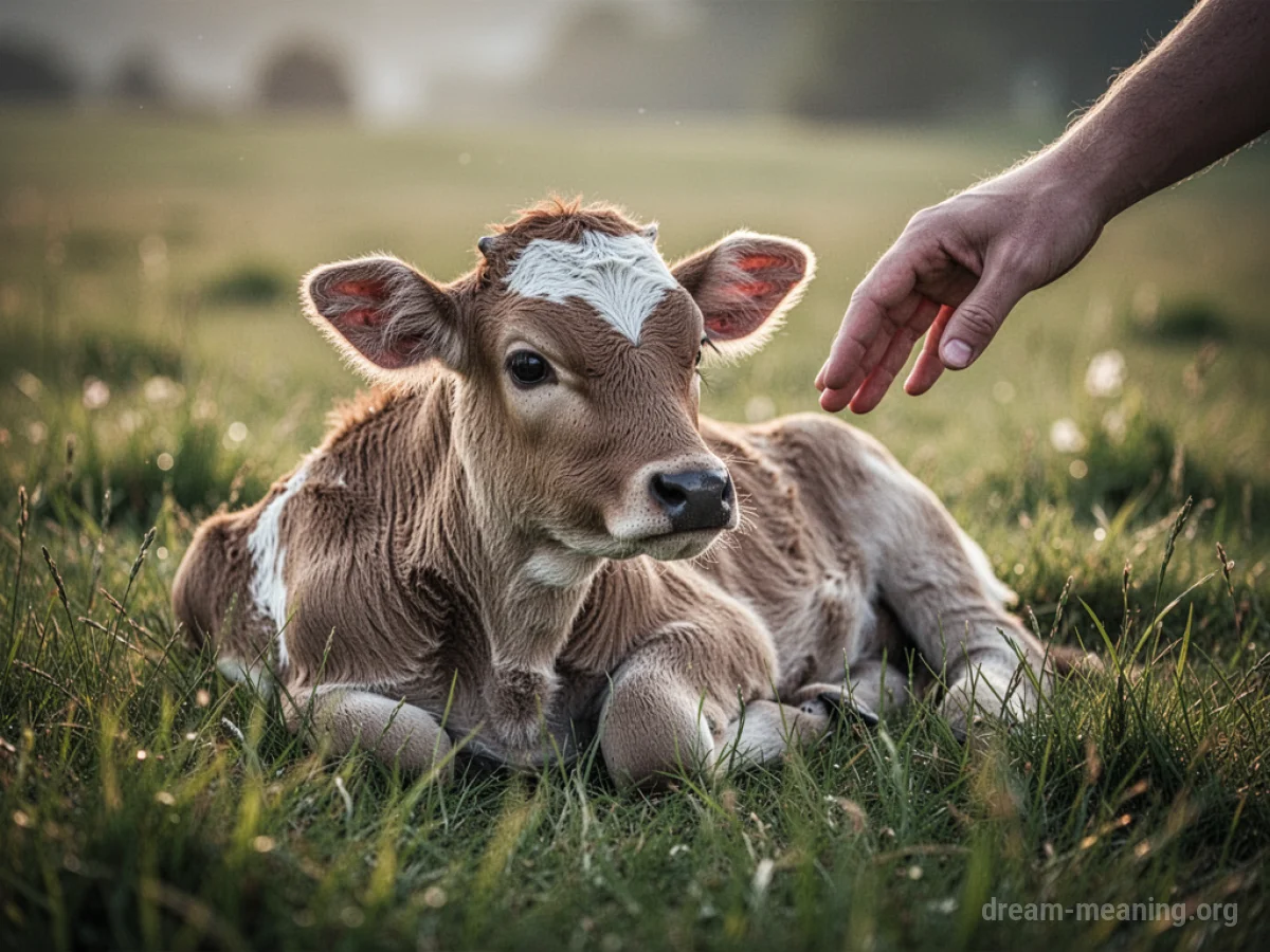 A small calf lying on grass with a hand reaching out.