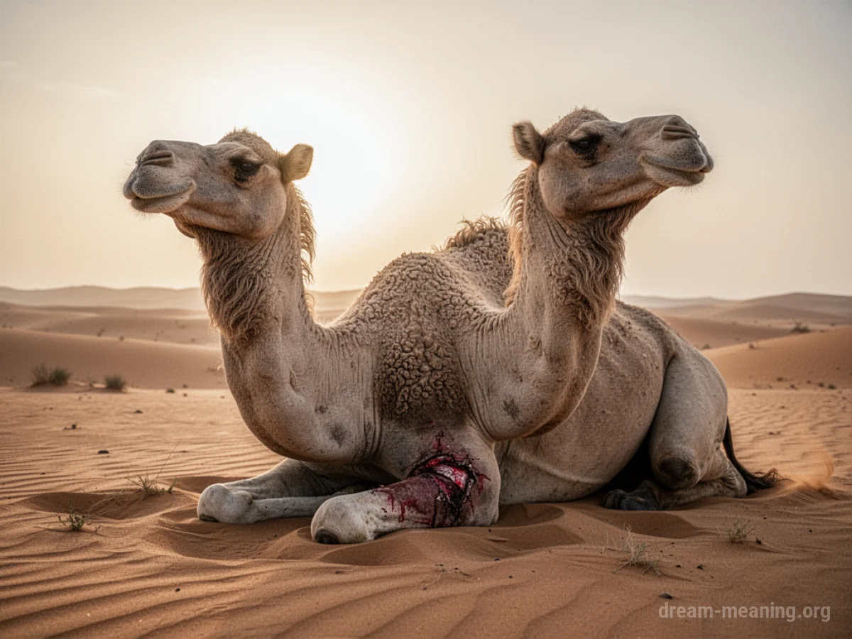 A camel resting on sand, with one leg appearing to be injured.