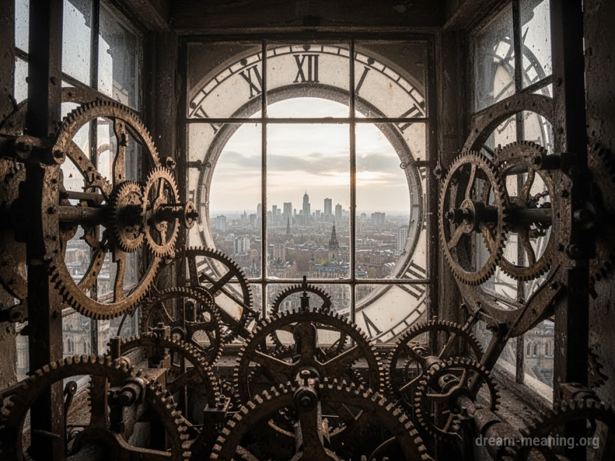 Interior view of clock tower mechanisms with a city visible through a window.